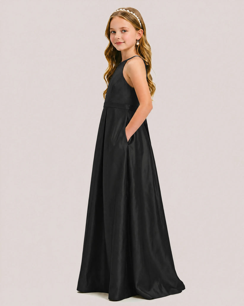 Black Satin A-line Junior Bridesmaid Dress Side View