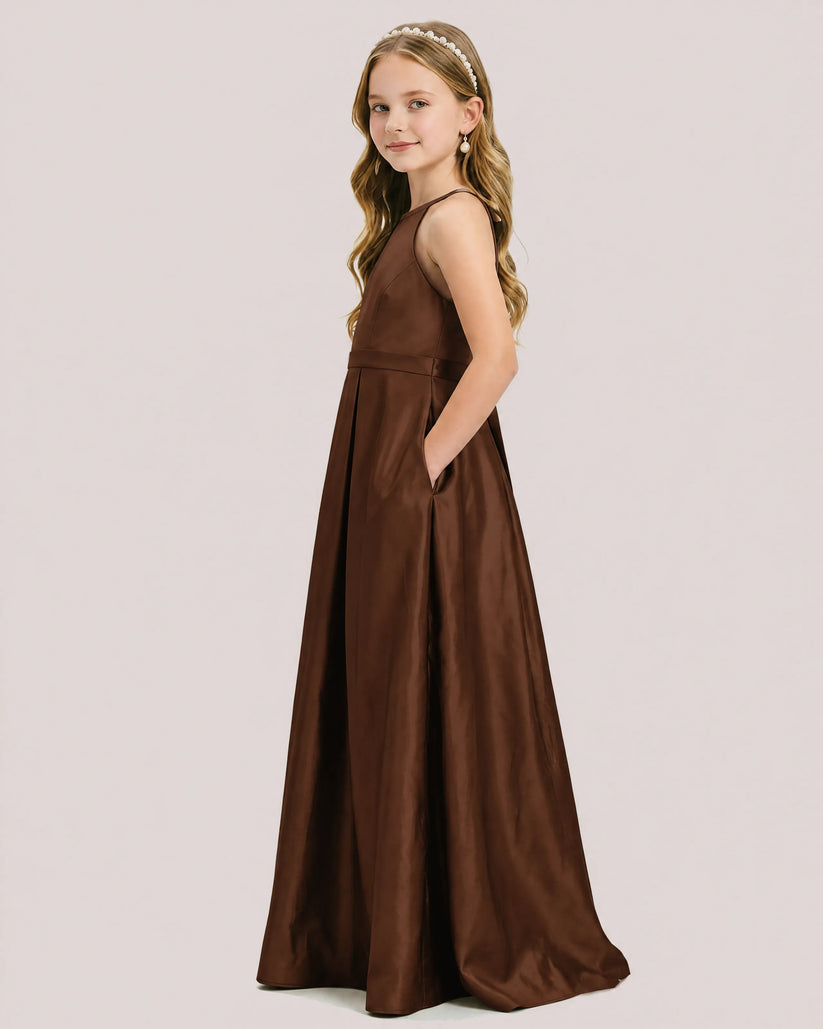 Brown Satin A-line Junior Bridesmaid Dress Side View