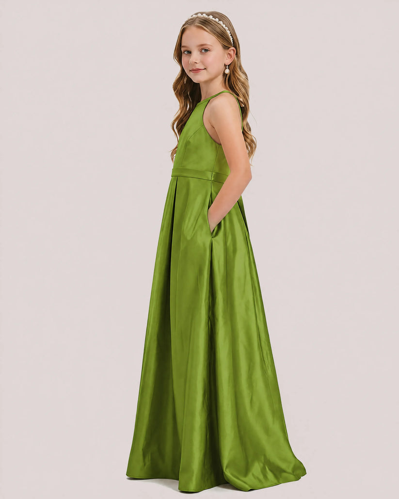 Sage Green Satin A-line Junior Bridesmaid Dress Side View