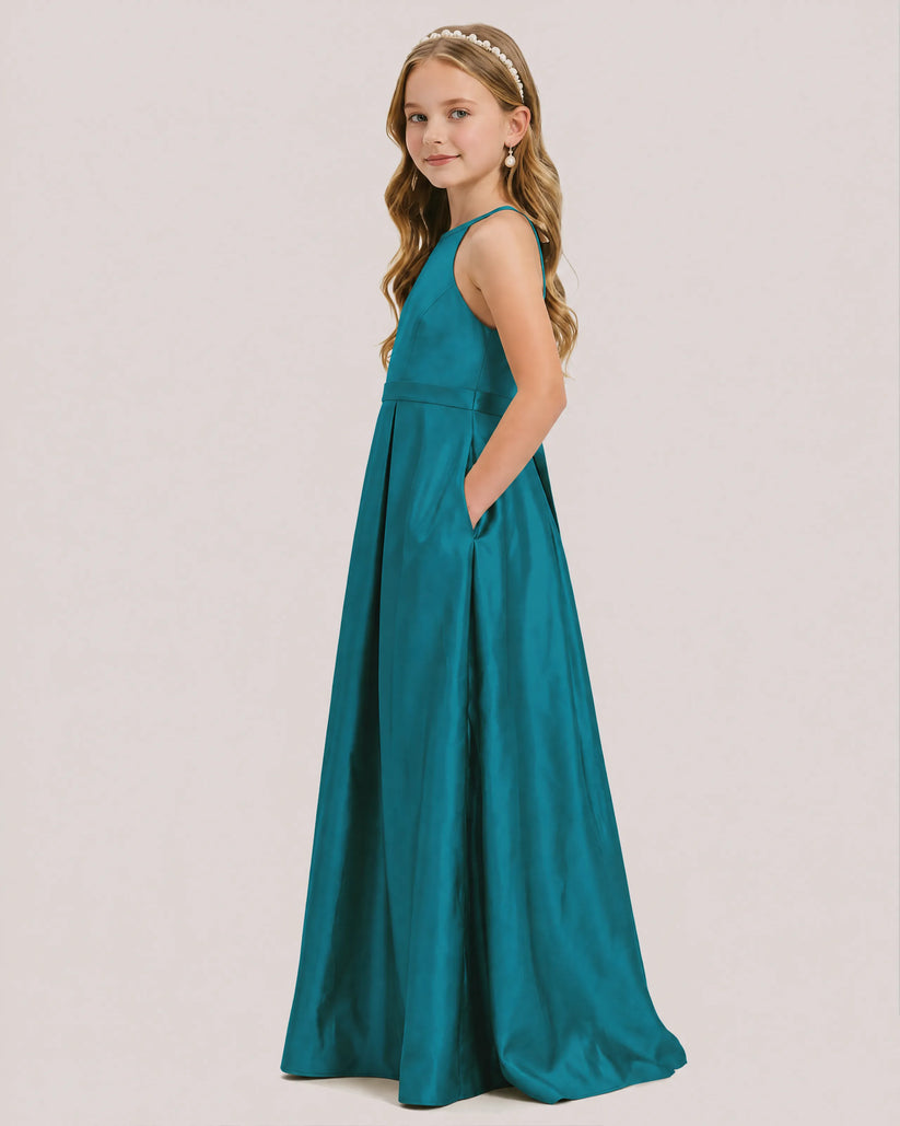 Peacock Satin A-line Junior Bridesmaid Dress Side View