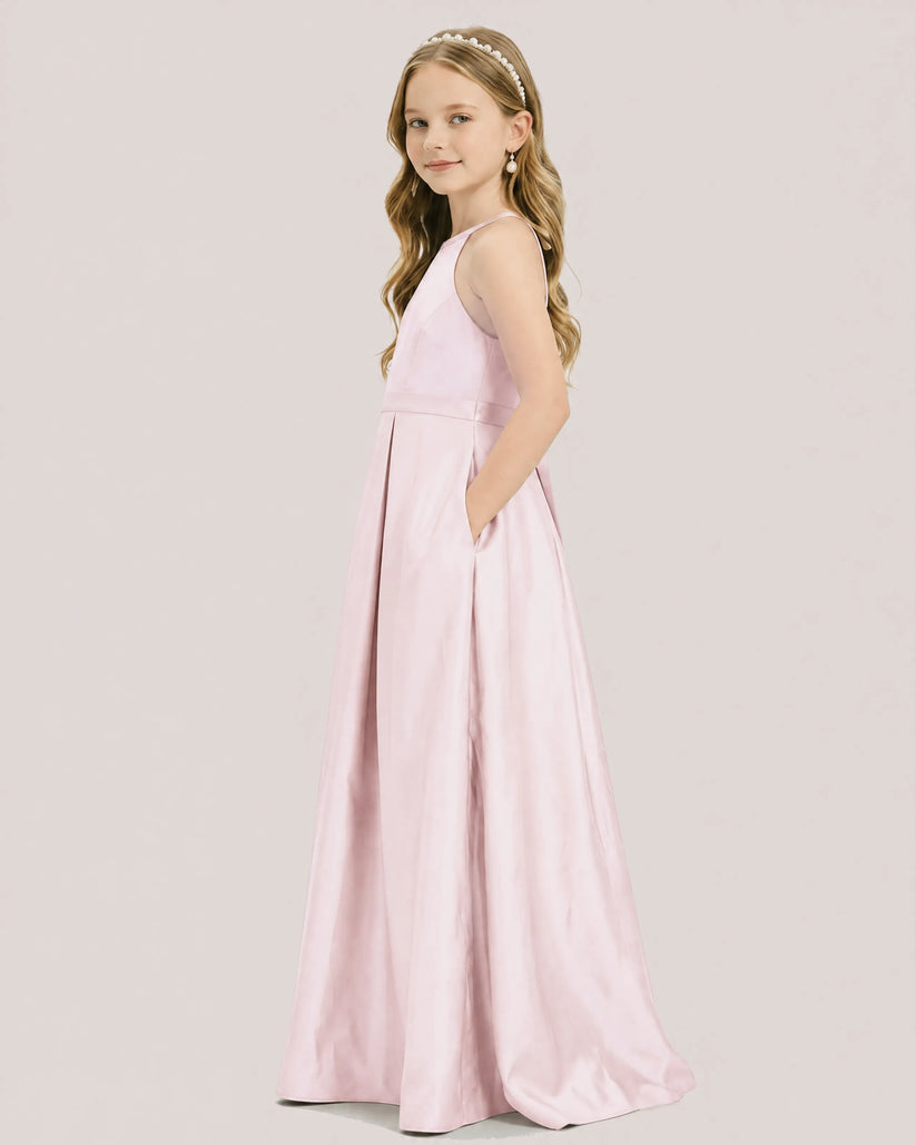 Blush Pink Satin A-line Junior Bridesmaid Dress Side View
