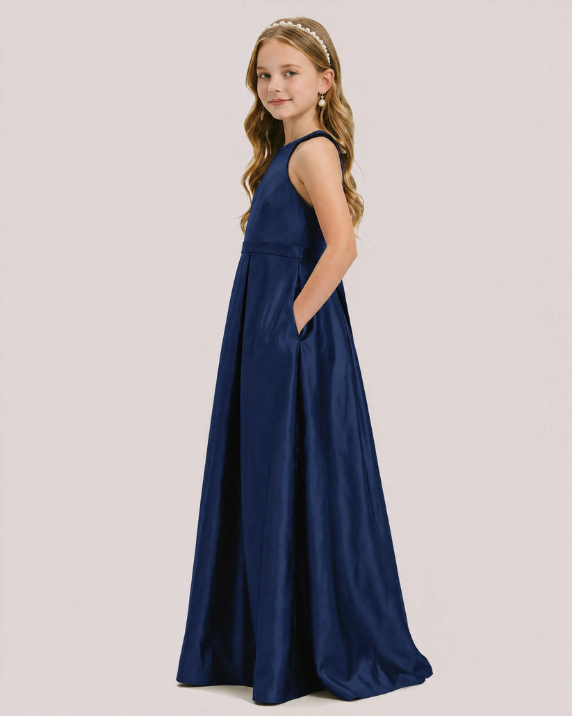 Navy Blue Satin A-line Junior Bridesmaid Dress Side View