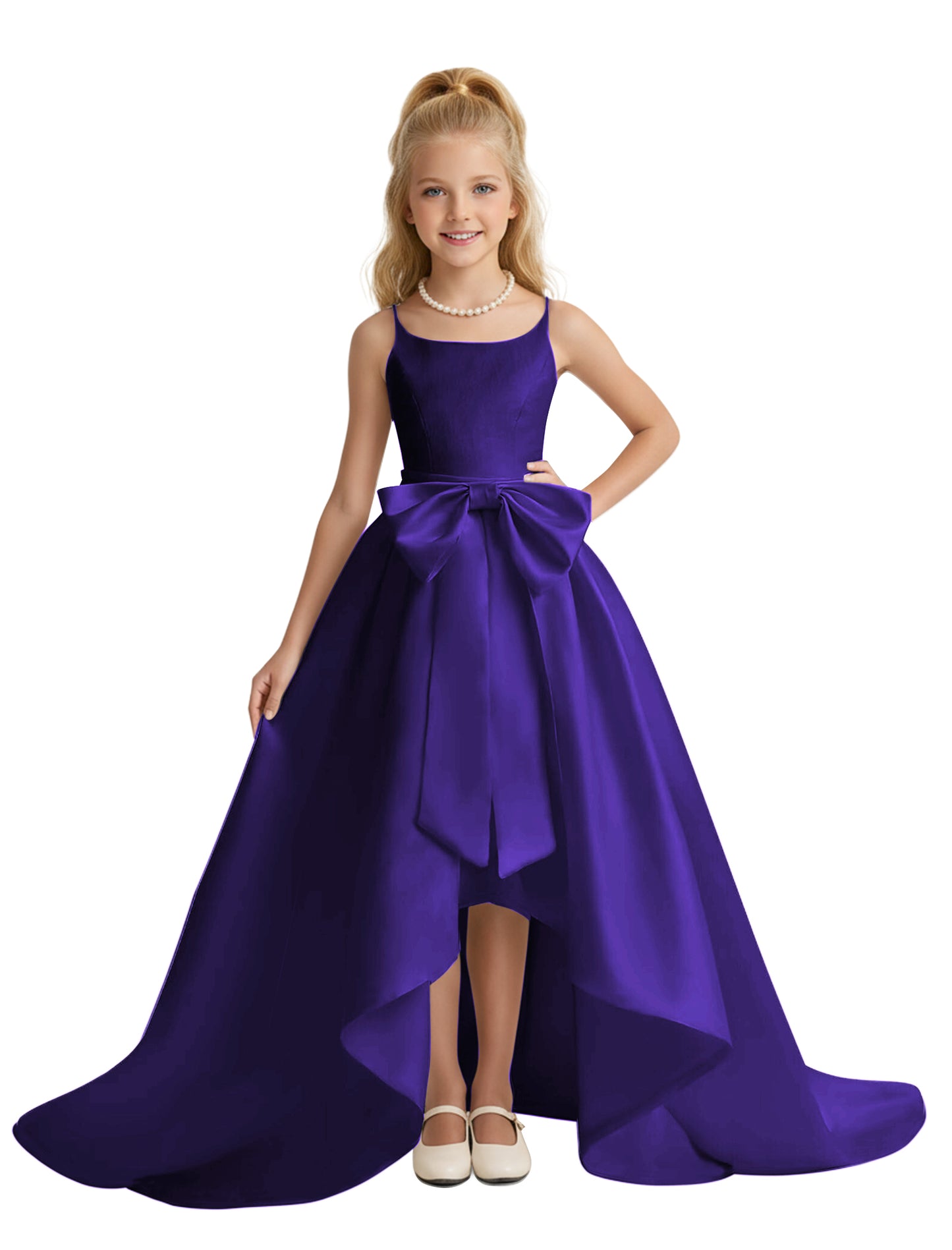 dideyttawl High-Low Big Bow Junior Bridesmaid Dresses for Girls 4-16 Satin A-Line Pageant Formal Party Dress 2535