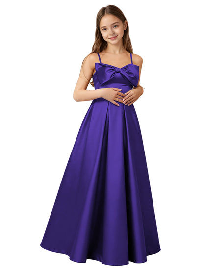 dideyttawl 2026 Girls Satin Prom Ball Gown with Big Bow Maxi Spaghetti Straps Junior Bridesmaid Flower Girl Dress 2548
