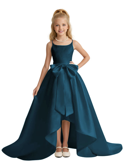 dideyttawl High-Low Big Bow Junior Bridesmaid Dresses for Girls 4-16 Satin A-Line Pageant Formal Party Dress 2535