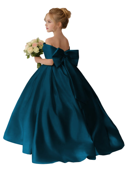 Dideyttawl Satin Flower Girl Dress A Line Off Shoulder Formal Ball Gown Bow Back