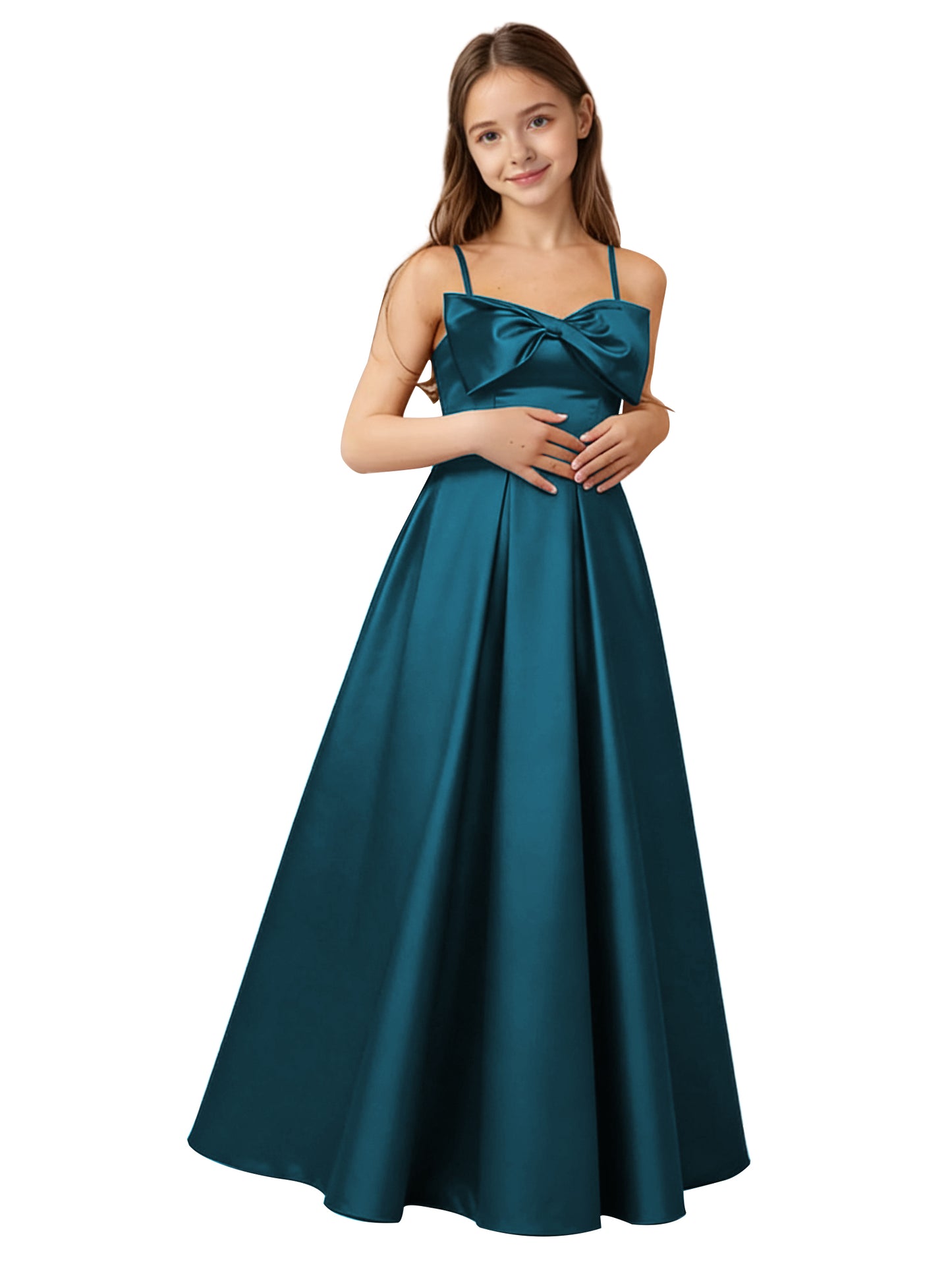 dideyttawl 2026 Girls Satin Prom Ball Gown with Big Bow Maxi Spaghetti Straps Junior Bridesmaid Flower Girl Dress 2548