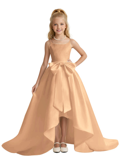 dideyttawl High-Low Big Bow Junior Bridesmaid Dresses for Girls 4-16 Satin A-Line Pageant Formal Party Dress 2535