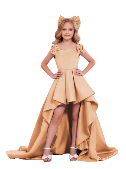 dideyttawl High-Low Junior Bridesmaid Dresses for Girls Pleated Satin A-Line Bow Straps Pageant Formal Party Dress 2536