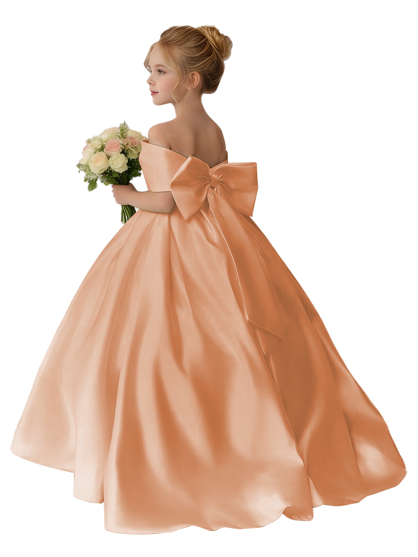 Dideyttawl Satin Flower Girl Dress A Line Off Shoulder Formal Ball Gown Bow Back