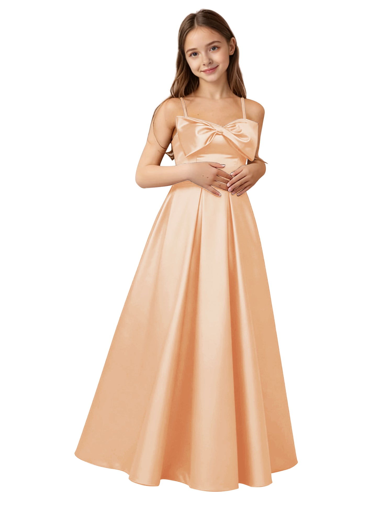 dideyttawl 2026 Girls Satin Prom Ball Gown with Big Bow Maxi Spaghetti Straps Junior Bridesmaid Flower Girl Dress 2548