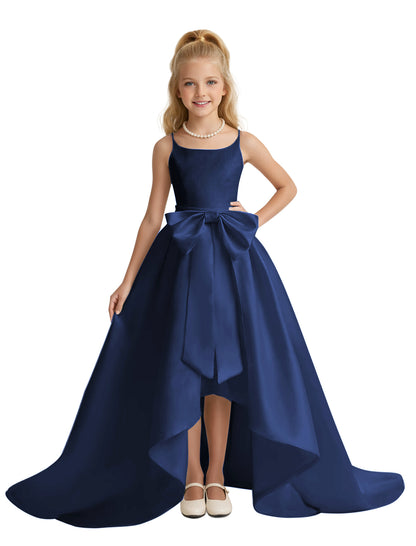 dideyttawl High-Low Big Bow Junior Bridesmaid Dresses for Girls 4-16 Satin A-Line Pageant Formal Party Dress 2535