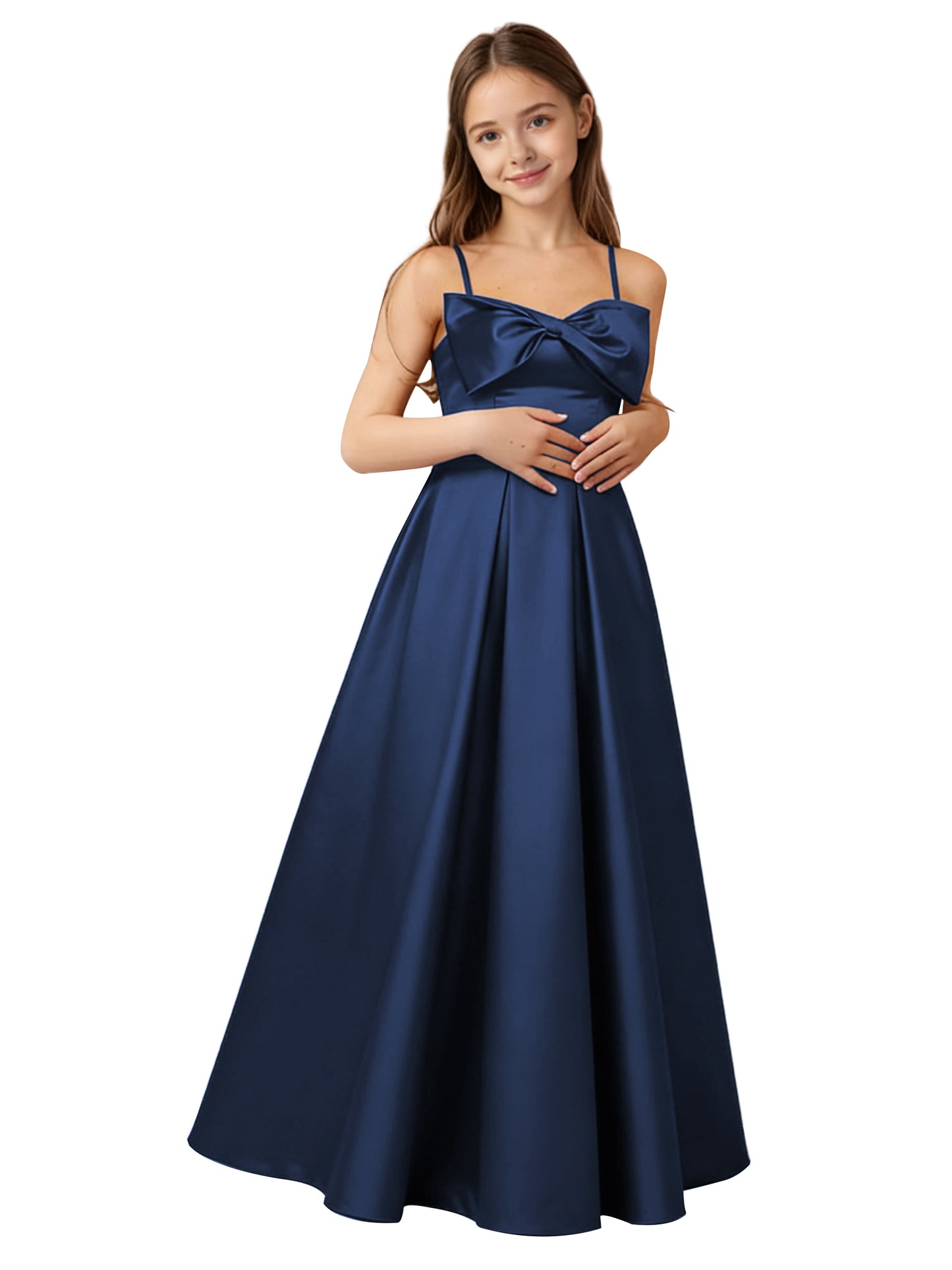 dideyttawl 2026 Girls Satin Prom Ball Gown with Big Bow Maxi Spaghetti Straps Junior Bridesmaid Flower Girl Dress 2548