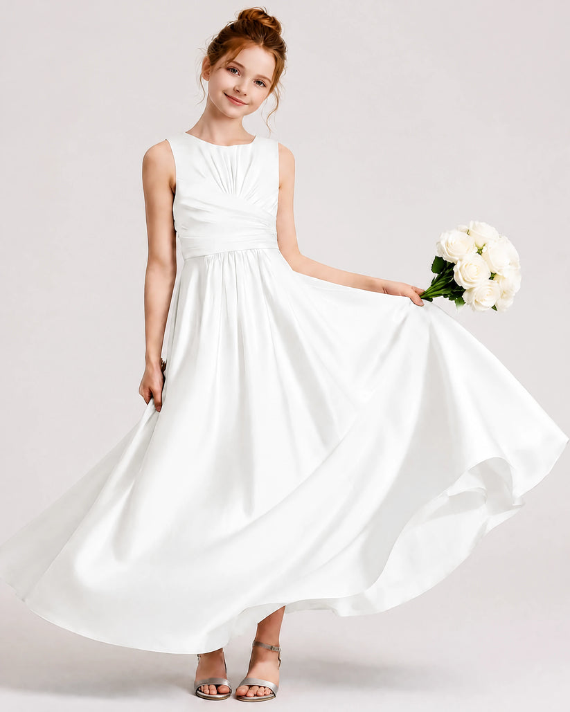 White Satin A-line Junior Bridesmaid Dress Front View