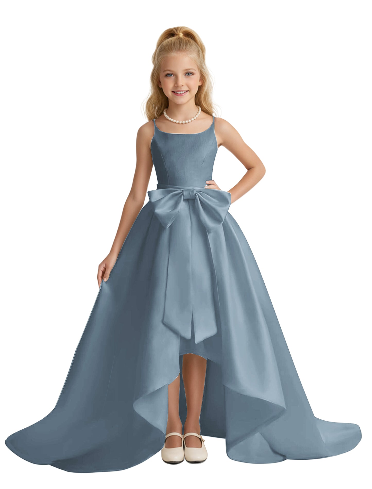 dideyttawl High-Low Big Bow Junior Bridesmaid Dresses for Girls 4-16 Satin A-Line Pageant Formal Party Dress 2535