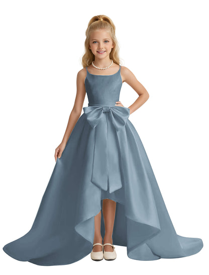 dideyttawl High-Low Big Bow Junior Bridesmaid Dresses for Girls 4-16 Satin A-Line Pageant Formal Party Dress 2535