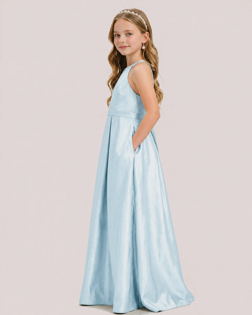 Baby Blue Satin A-line Junior Bridesmaid Dress Side View