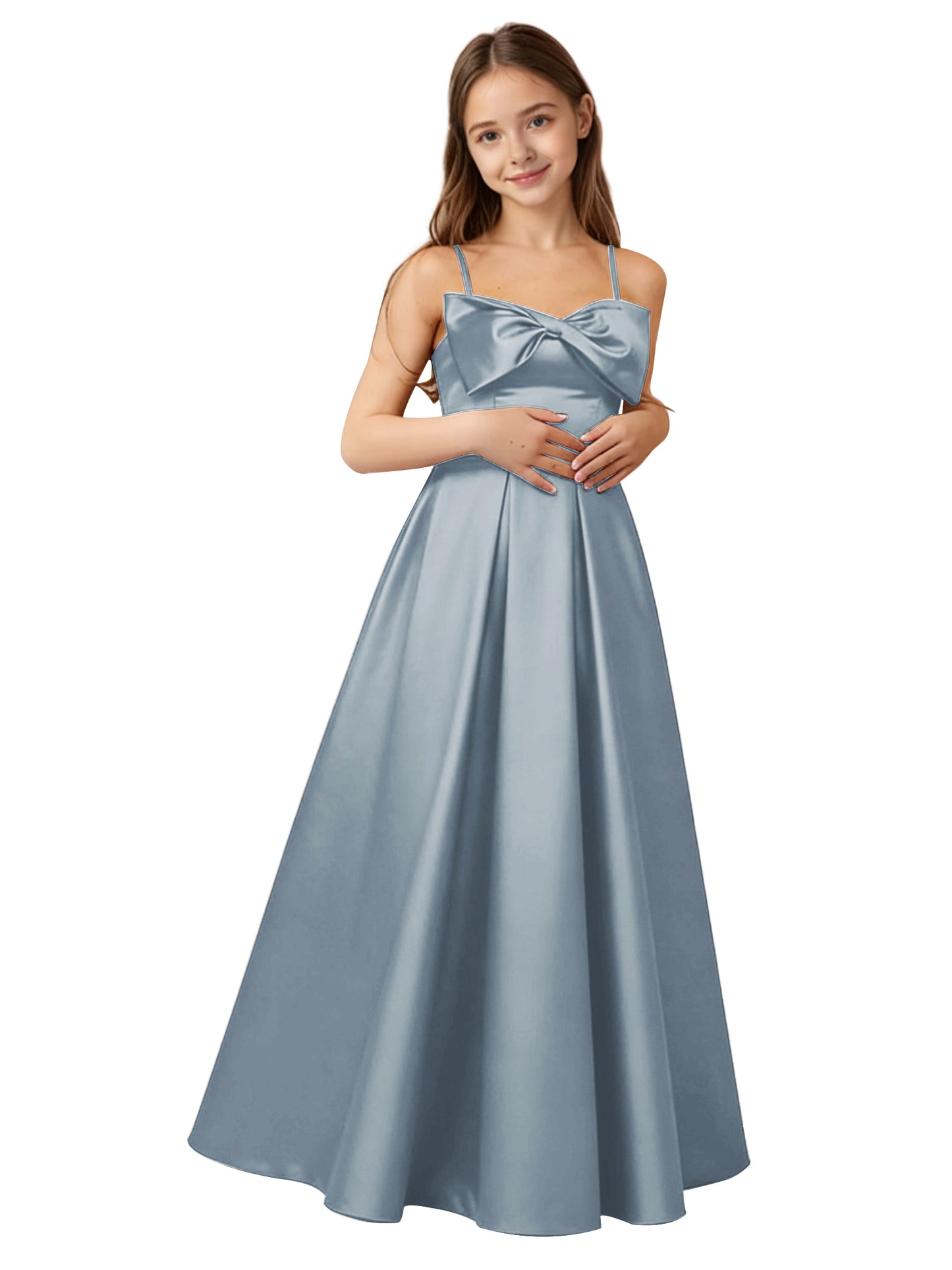 dideyttawl 2026 Girls Satin Prom Ball Gown with Big Bow Maxi Spaghetti Straps Junior Bridesmaid Flower Girl Dress 2548