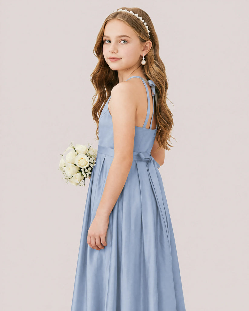 Dusty Blue Satin A-line Junior Bridesmaid Dress Side View