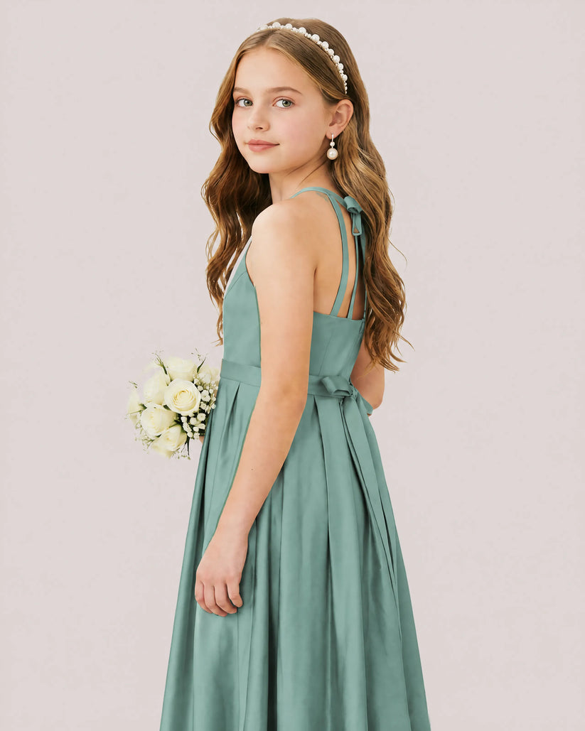 Eucalyptus Satin A-line Junior Bridesmaid Dress Side View
