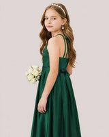 Dark Green Satin A-line Junior Bridesmaid Dress Side View
