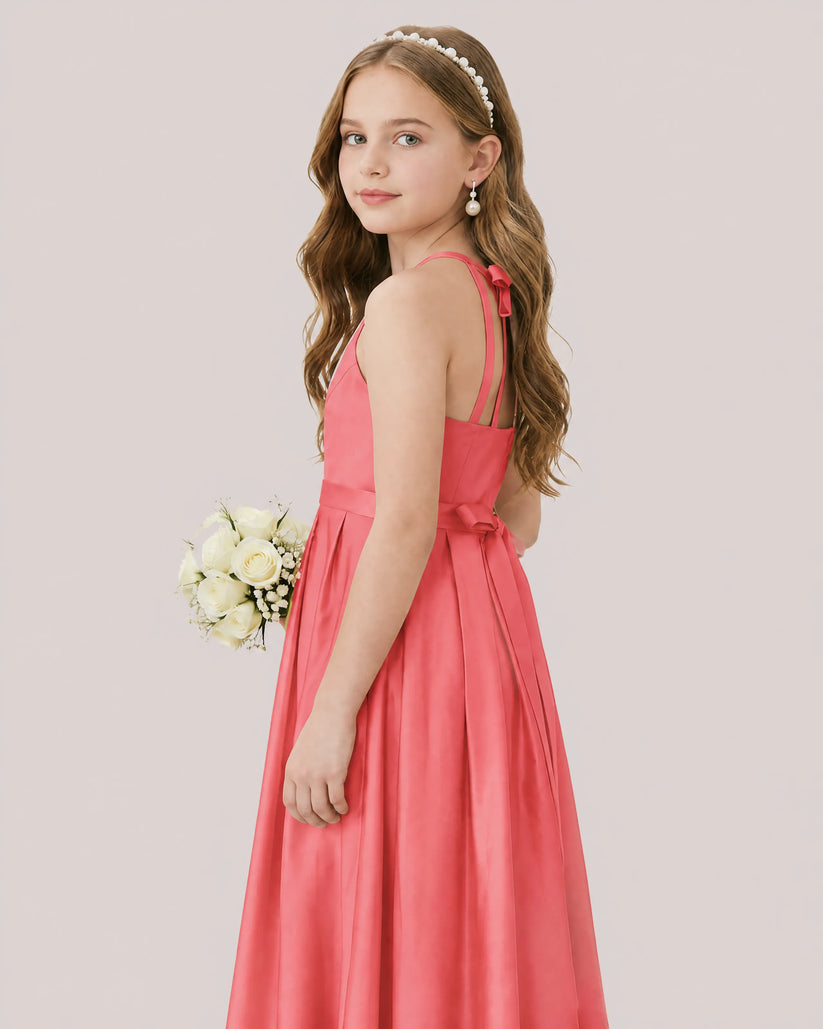 Coral Satin A-line Junior Bridesmaid Dress Side View