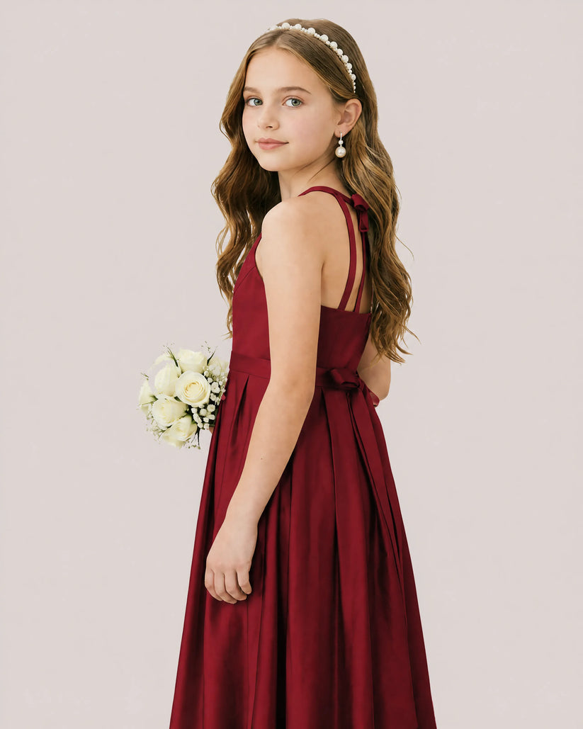 Burgundy Satin A-line Junior Bridesmaid Dress Side View