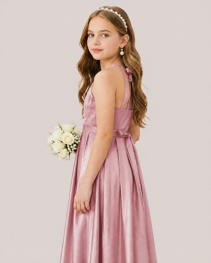 Dusty Rose Satin A-line Junior Bridesmaid Dress Side View