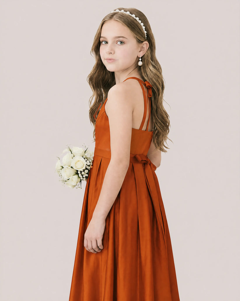 Burnt Orange Satin A-line Junior Bridesmaid Dress Side View