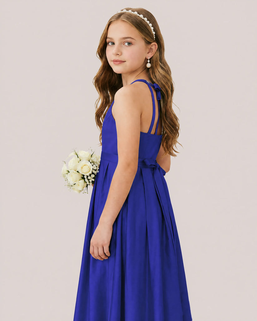 Royal Blue Satin A-line Junior Bridesmaid Dress Side View
