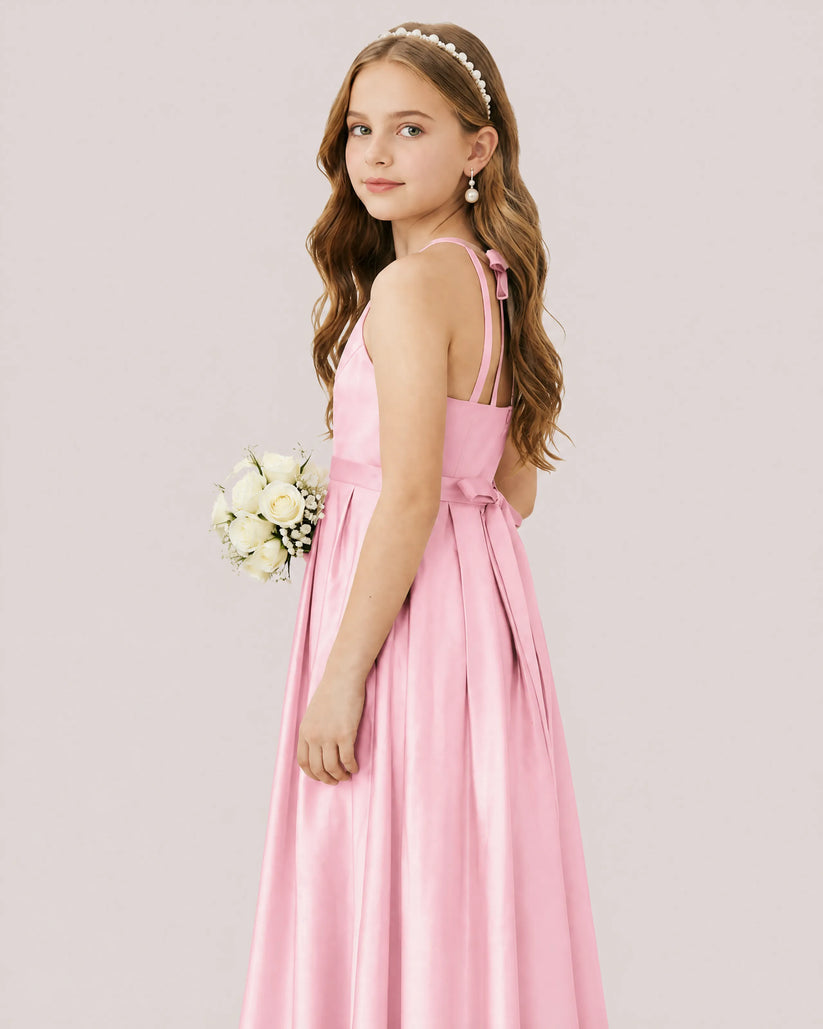 Pink Satin A-line Junior Bridesmaid Dress Side View