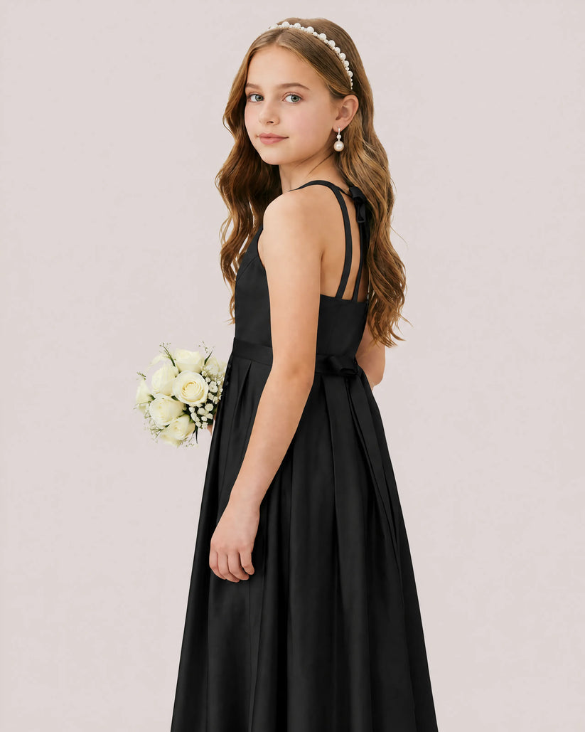 Black Satin A-line Junior Bridesmaid Dress Side View