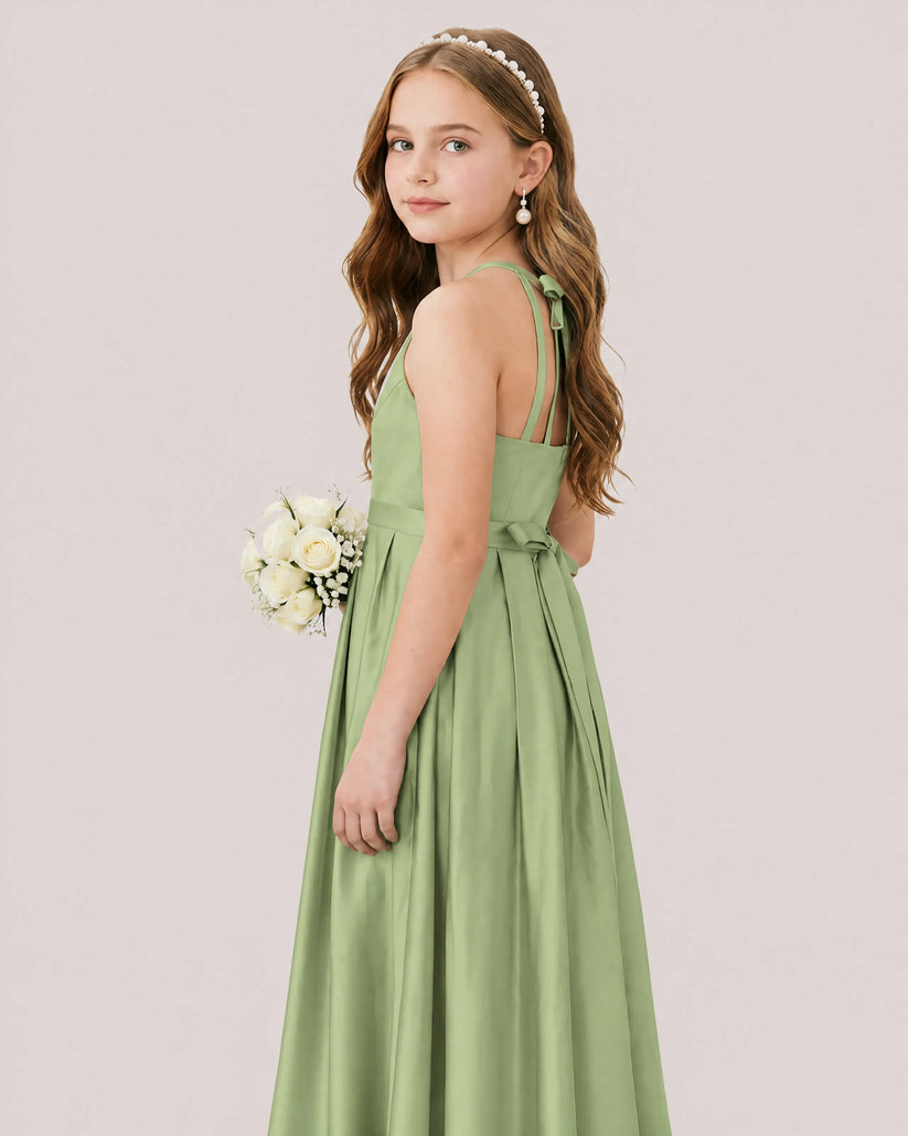 Sage Green Satin A-line Junior Bridesmaid Dress Side View