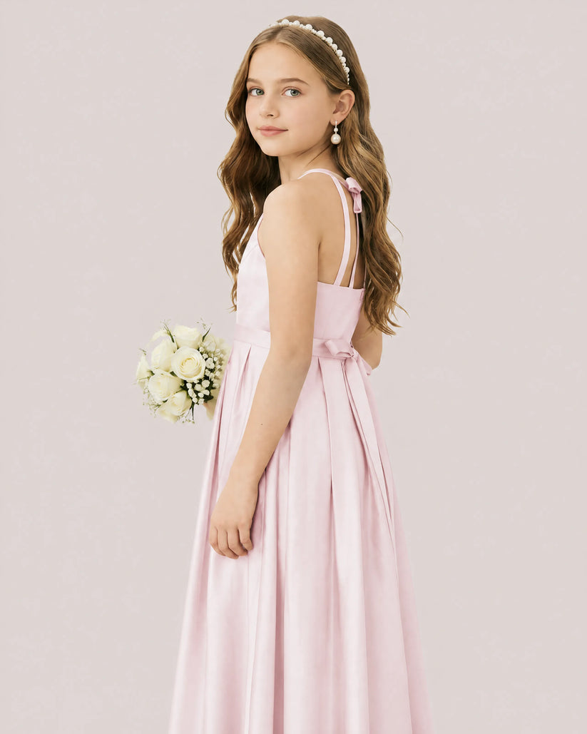 Blush Pink Satin A-line Junior Bridesmaid Dress Side View