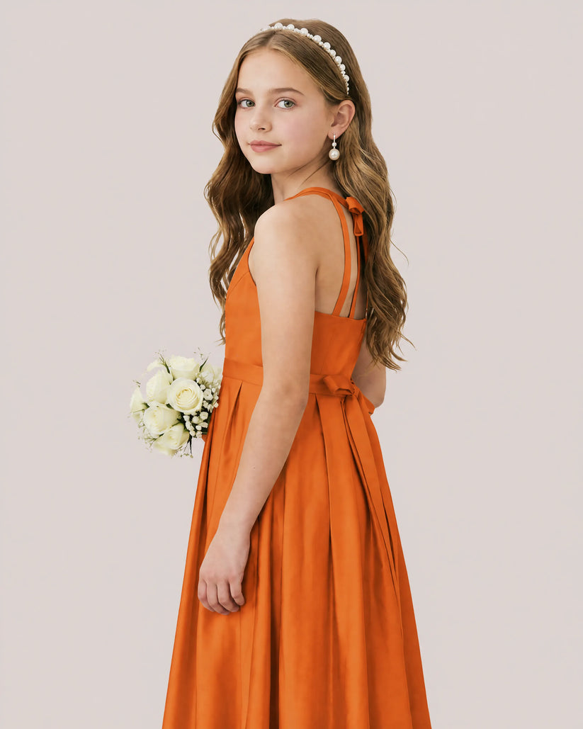 Burnt Orange Satin A-line Junior Bridesmaid Dress Side View