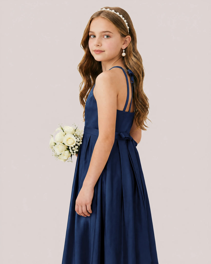 Navy Blue Satin A-line Junior Bridesmaid Dress Side View