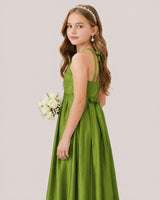 Green Satin A-line Junior Bridesmaid Dress Side View