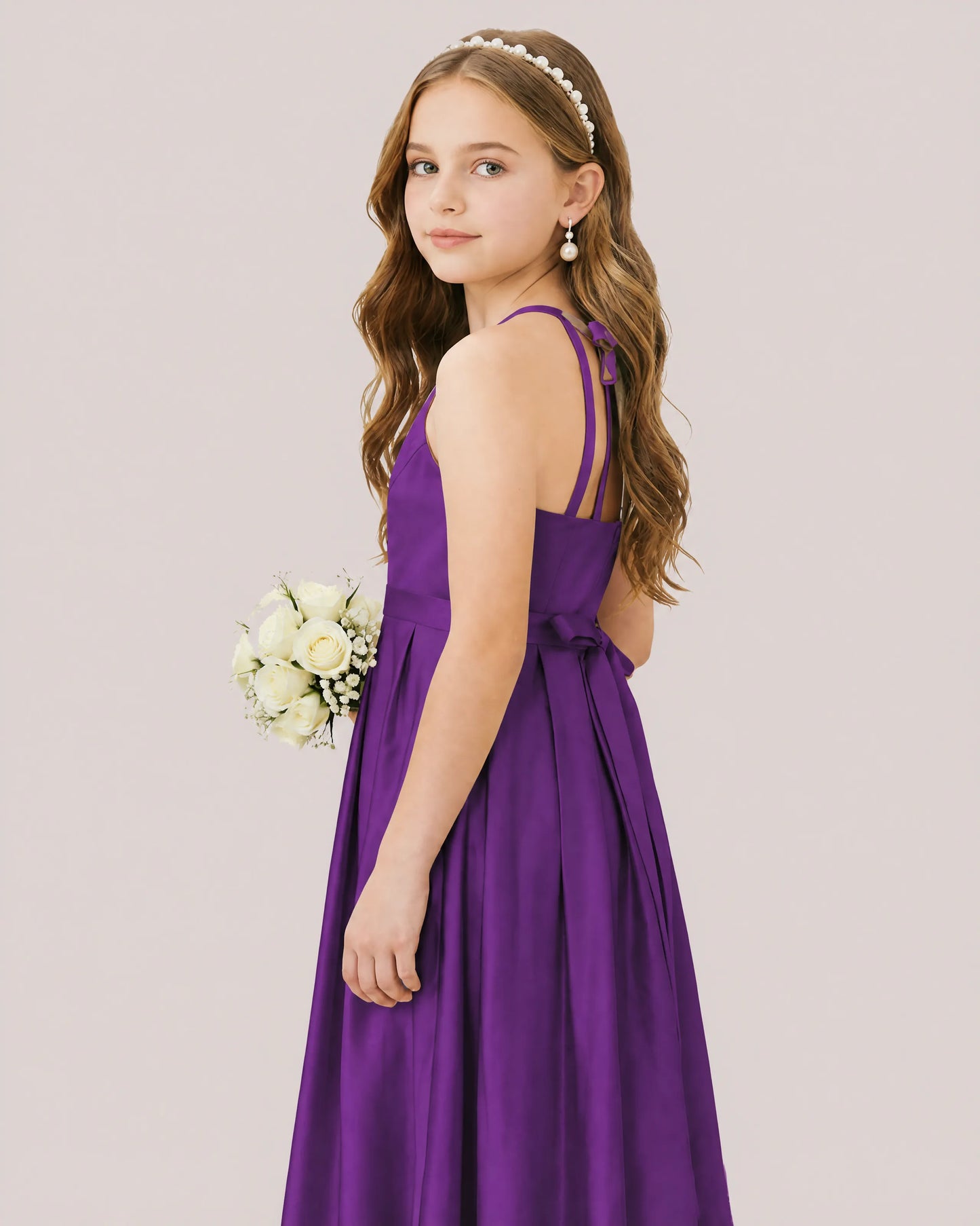 dideyttawl A-Line Junior Bridesmaid Dresses Satin Halter Special Occasion Dress Gown 2532