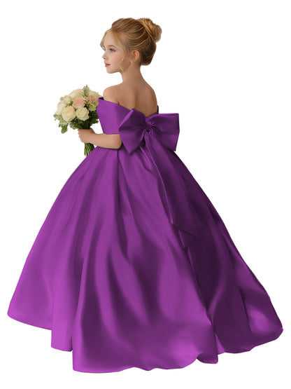 Dideyttawl Satin Flower Girl Dress A Line Off Shoulder Formal Ball Gown Bow Back
