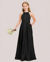 Black Satin A-line Junior Bridesmaid Dress Front View