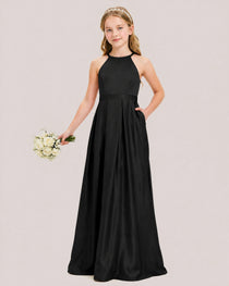dideyttawl A-Line Junior Bridesmaid Dresses Satin Halter Special Occasion Dress Gown