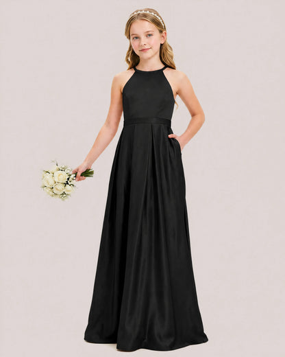 dideyttawl A-Line Junior Bridesmaid Dresses Satin Halter Special Occasion Dress Gown 2532