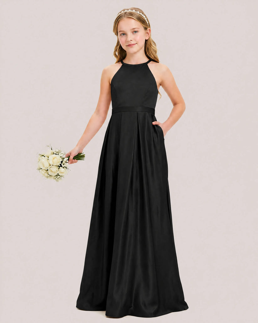 Black Satin A-line Junior Bridesmaid Dress Front View