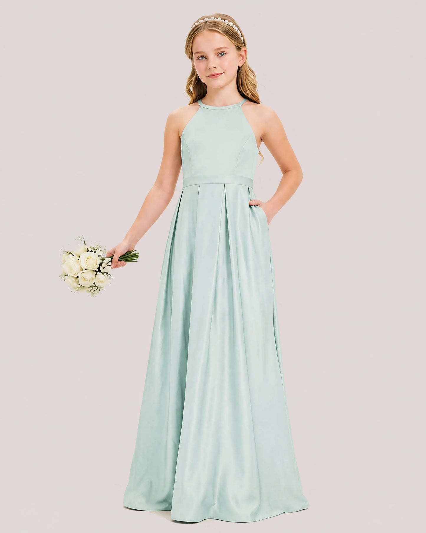 dideyttawl A-Line Junior Bridesmaid Dresses Satin Halter Special Occasion Dress Gown 2532
