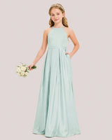 Mist Satin A-line Junior Bridesmaid Dress Front View