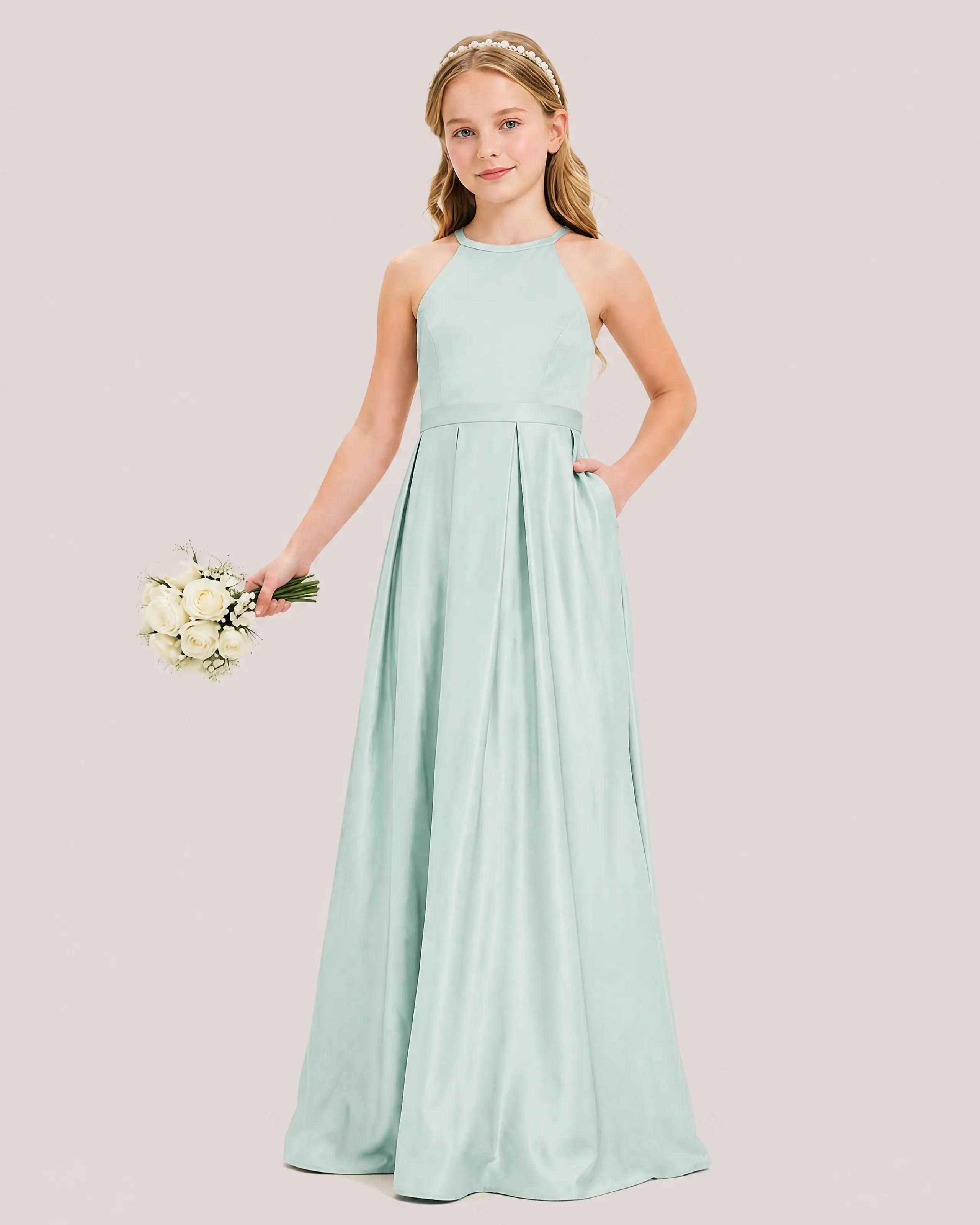 dideyttawl A-Line Junior Bridesmaid Dresses Satin Halter Special Occasion Dress Gown