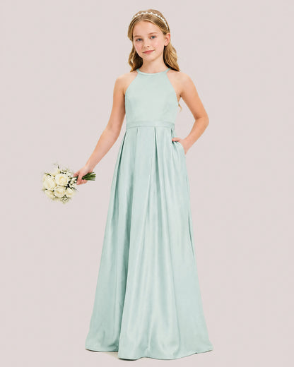 dideyttawl A-Line Junior Bridesmaid Dresses Satin Halter Special Occasion Dress Gown 2532