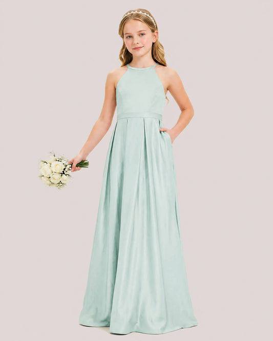 Mist Satin A-line Junior Bridesmaid Dress Front View