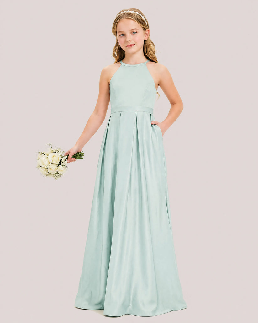 Mist Satin A-line Junior Bridesmaid Dress Front View