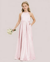 Blush Pink Satin A-line Junior Bridesmaid Dress Front View